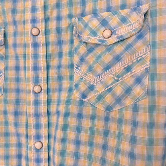 Panhandle Slim Fit Light Blue Yellow plaid Pearl Snap Flip Cuff  XL - Picture 3 of 11